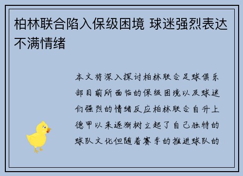 柏林联合陷入保级困境 球迷强烈表达不满情绪