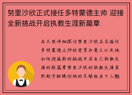 努里沙欣正式接任多特蒙德主帅 迎接全新挑战开启执教生涯新篇章